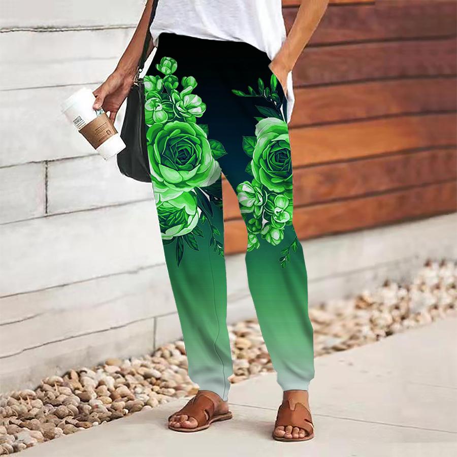 Women Flower Printing Pants Lace Up Elastic Waist Loose  Trousers Casual Long Pants Trousers with Pockets
