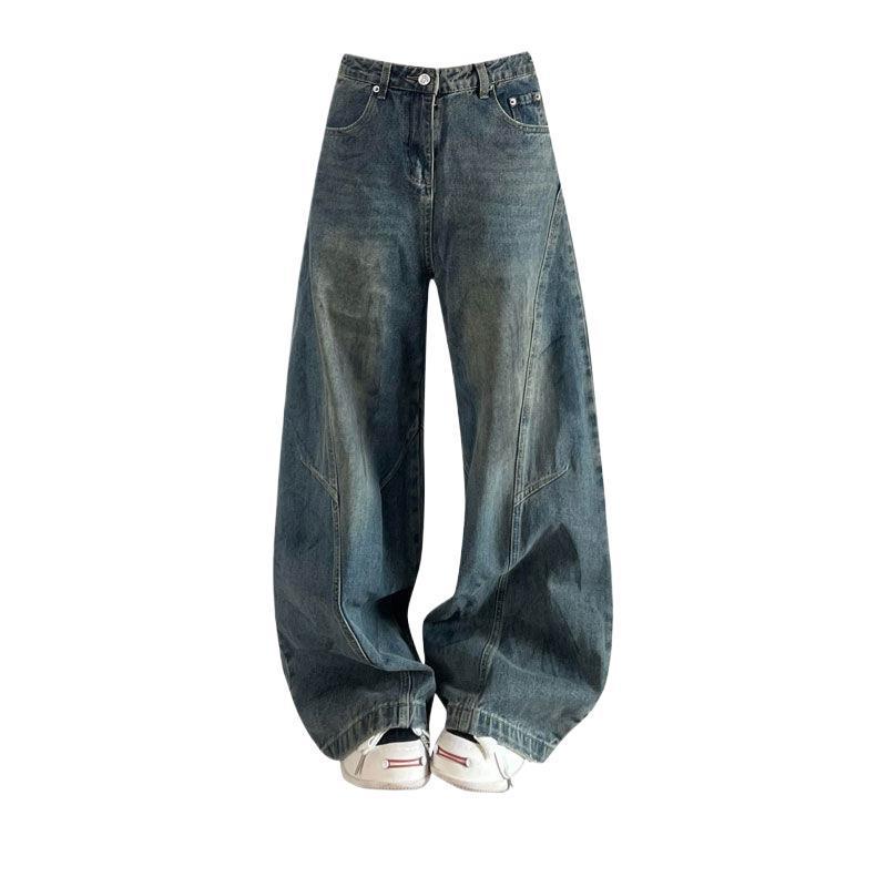 Women s Plus Size Retro Patchwork Scythe Jeans - Flaw-Hiding, Slimming, Loose Fit M (suitable for 95-105 lbs)