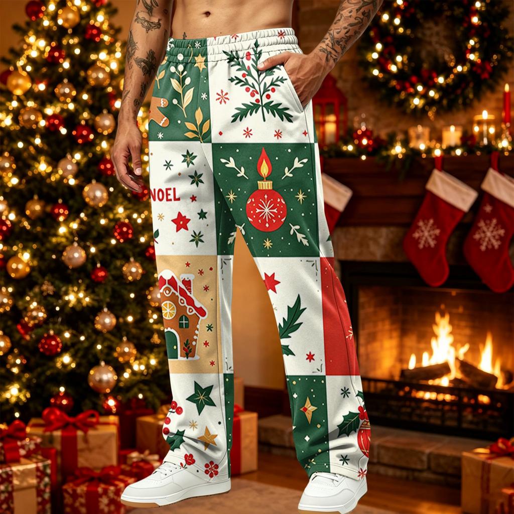 Men's Loose Fit Christmas Print Casual Pants with Pockets for Holiday Daily Wear