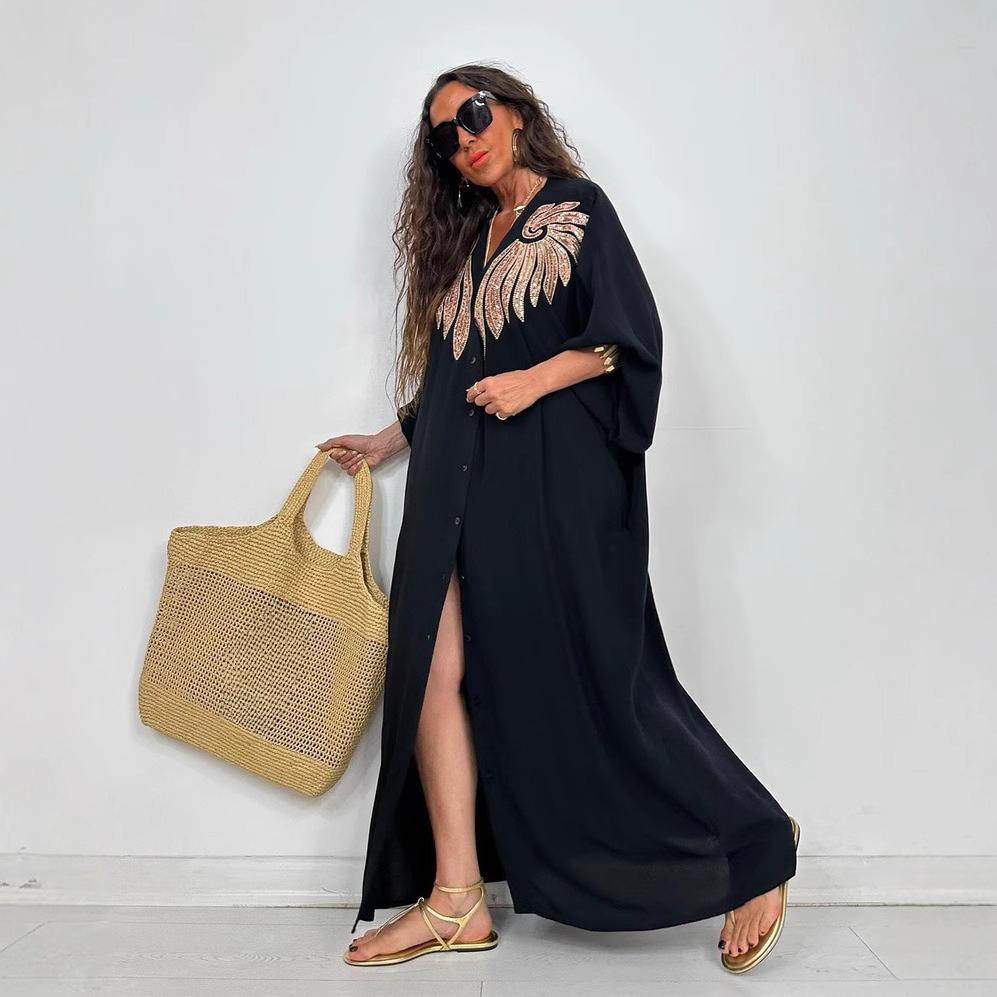 

Новое повседневное платье с V-образным вырезом, пайетками в виде крыльев ангела и длинными рукавами, больших размеров для женщин 5XL чёрный