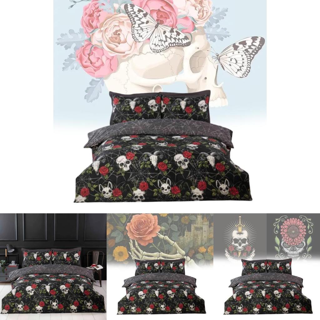 Halloween Totenkopf und Rose Wendbare Bettbezug-Set Mit Cartoon-Muster Für Schlafzimmer-Dekoration