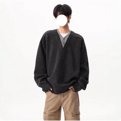 Men's High-End Wool V-Neck Layered Sweater for Autumn and Winter