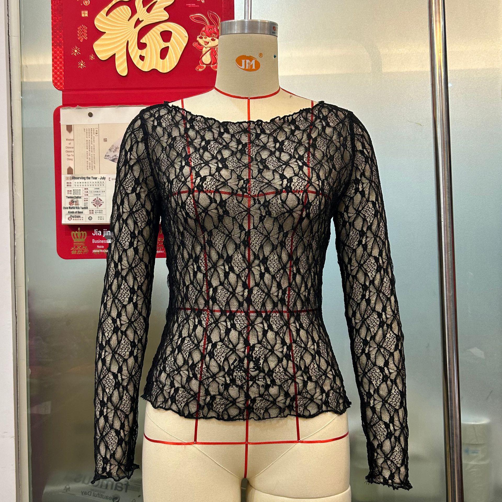 

European Lace Patchwork Long Sleeve Slim Fit See-Through Women s Top M чорний