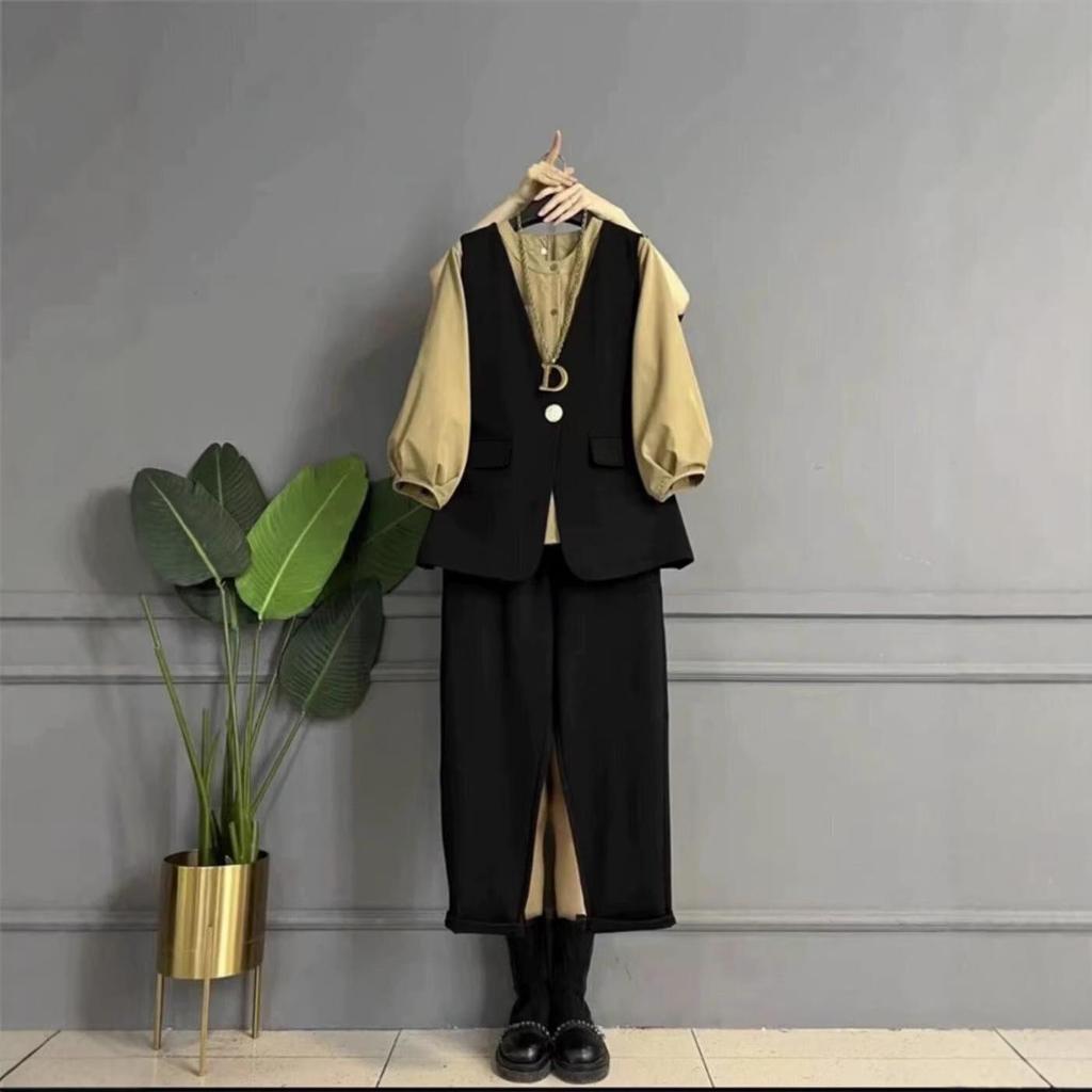 Trendy Plus Size Women's Slimming Three-Piece Set: Lantern Sleeve Shirt, Versatile Vest, and Pants