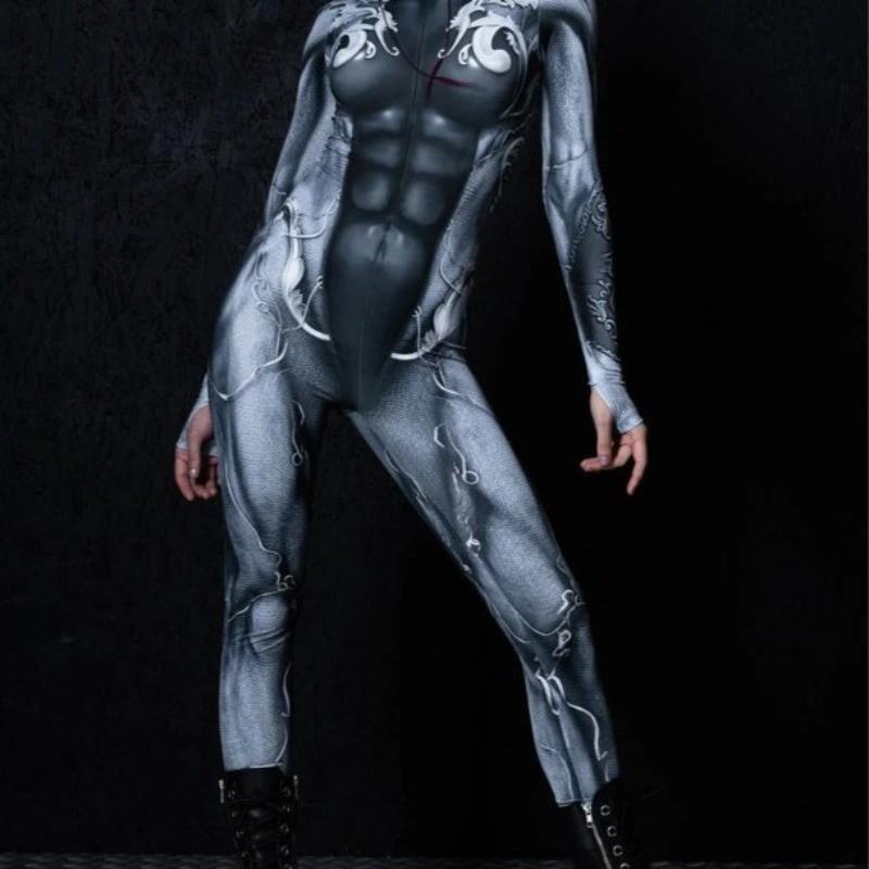 Dámské Pánské Tmavě Šedý Robot Stroj 3D Digitální Potisk Halloweenské Cosplay Kostýmy Dospělí Unisex Karnevalová Párty Oblečení Kombinéza