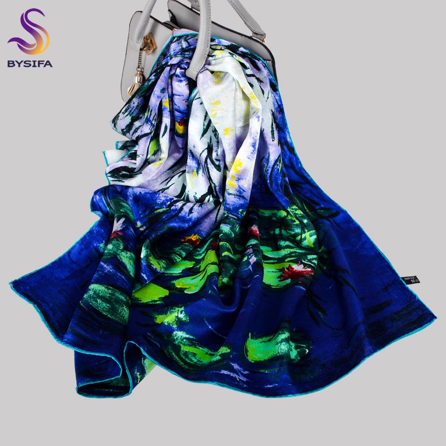 BYSIFA|New Fashion Ladies' Scarves Luxury Blue Gold 100% Silk Scarf Hijab 90*90cm All Match Fall Winter Female Square Scarf Cape