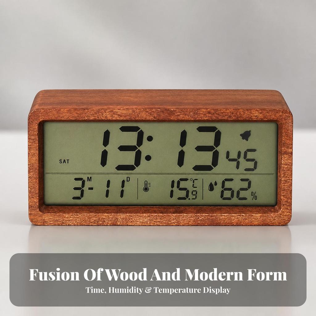Digital Alarm Clock Easy to Read Wooden Compact for Nightstand