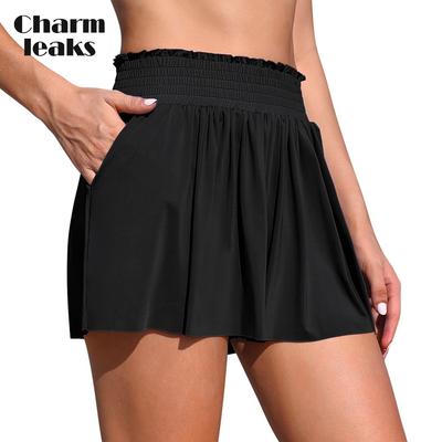 Badeshorts für Damen, 7,6 cm, hohe Taille, mit Taschen, fließende Shorts, Bauchkontrolle, sportliche Badeanzughose