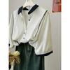 Korean Style Contrast Striped Short-sleeved Shirt for Women Summer Age-reducing Breathable Loose Splicing Shirt