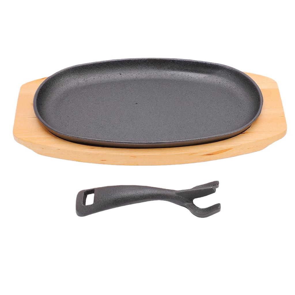 Oval Cast Iron Fajita Skillet Pan Set Small Sizzling Steak Plate with Wooden Base and Handle Sizzling Plate for