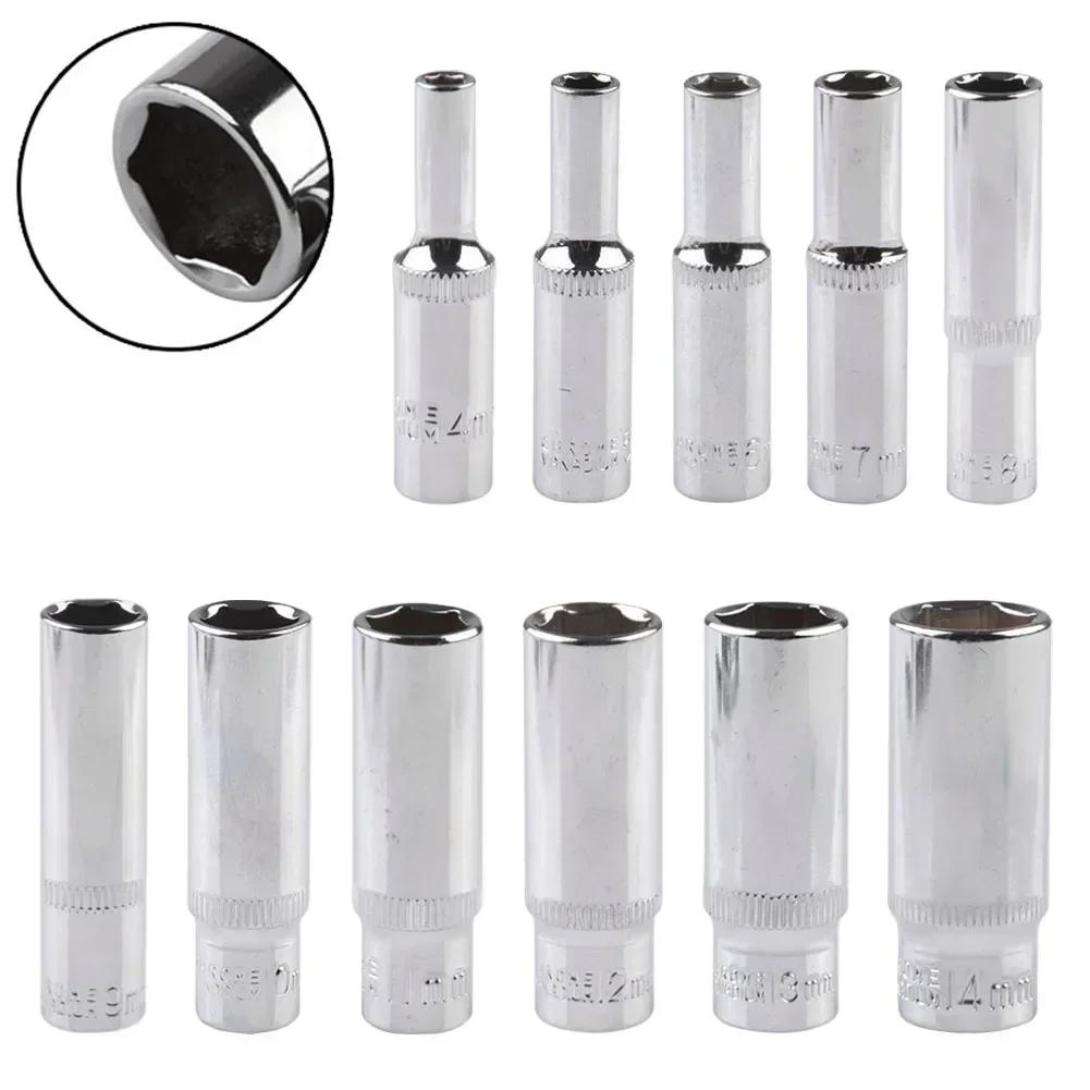 1Pc 1/4'' Hex Socket Adapter 4-14mm Deep Ratchet Wrench Head 50/25mm Length Impact Driver Hand Tools Car Repairing Accessories