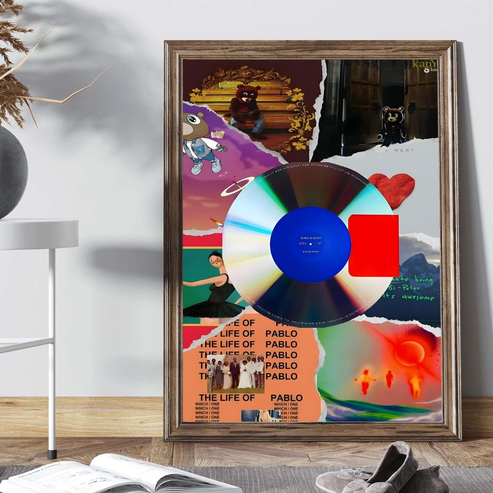 Kanye West Rapper Music Whitepaper Poster Self-adhesive Art Poster Fancy Wall Sticker for Living Room Bar Decoration Painting
