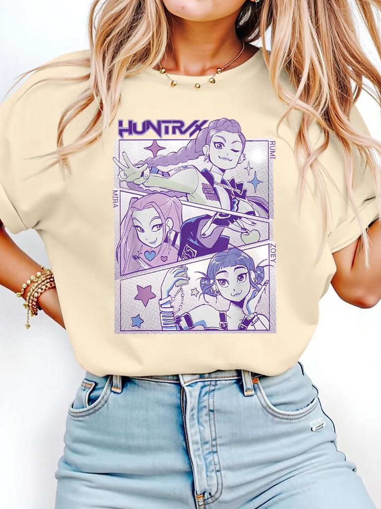 Women's Casual Short Sleeve T-shirt Kpop Huntrix Anime Graphic Print Regular Fit Round Neck Top All-season Comfort Lightweight