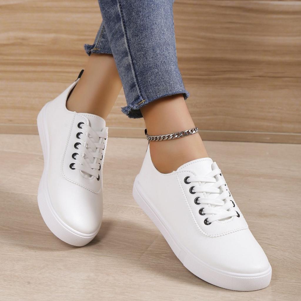 New Lace-up Flat Bottom Low-top Single Shoes Women's Round Head Large Size Leather Surface White Shoes Casual Board Shoes Source
