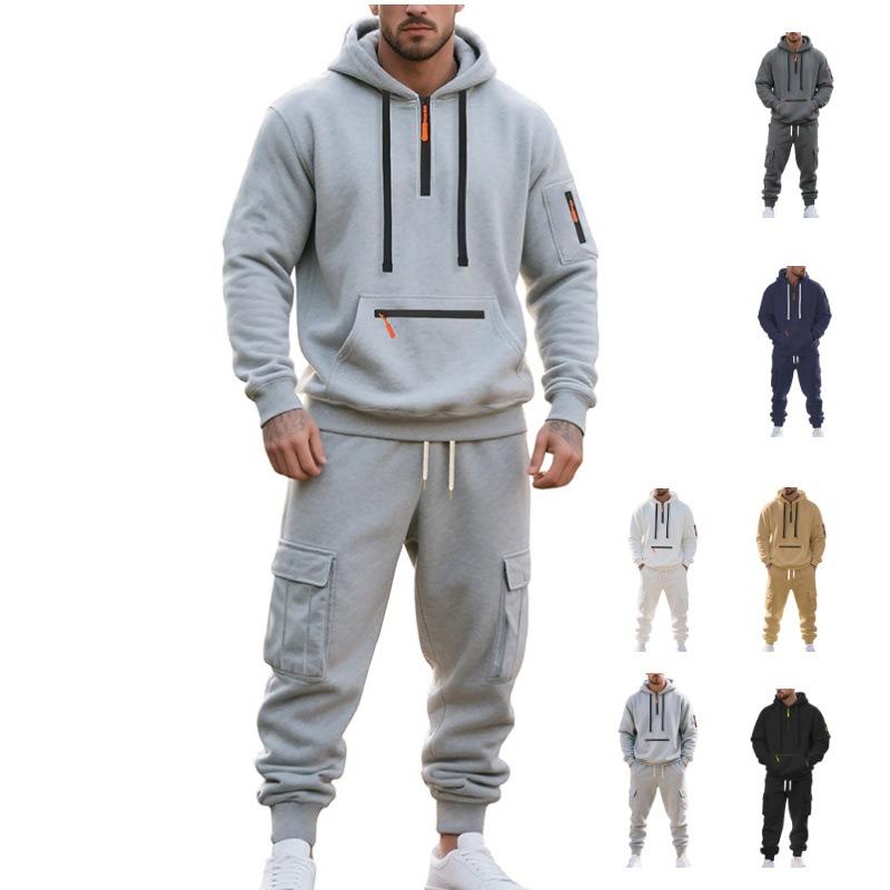 Mens Warm Thick Multiple Pockets Hooded Sweatshirt And Cuffed Sweatpants Two Piece Sports Set