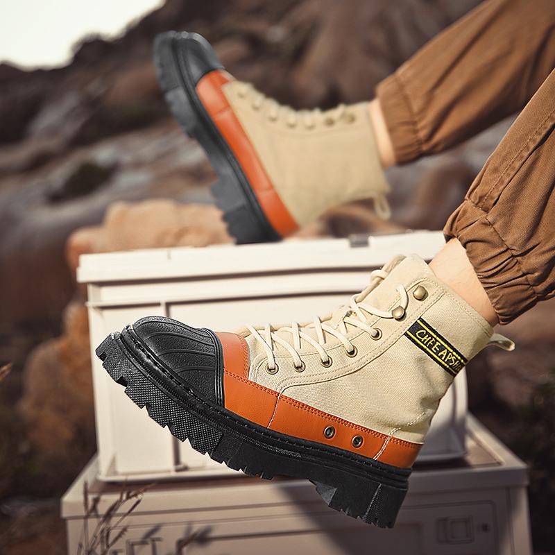 Autumn Winter Fashion Green Men Motorcycle Boot Platform Breathable Canvas Boots Men Lace-up Ankle Boots for Men Botas Masculino