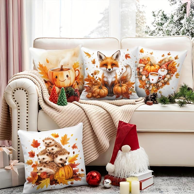 1Pc Autumn Animal Throw Pillow Covers Set, Fox Hedgehog & Pumpkin Design, Ideal Fall Festival Gift & Small Present