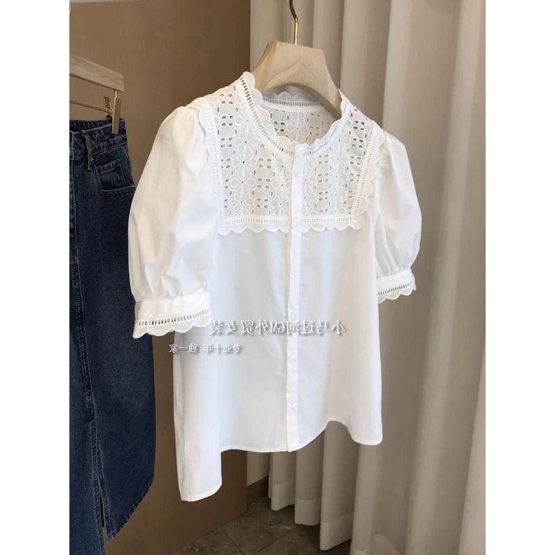 

Excellent Workmanship and Style! High Quality Push ~ French High Cotton Stitching Lace Slim Looking Puff Sleeve Shirt Female White L