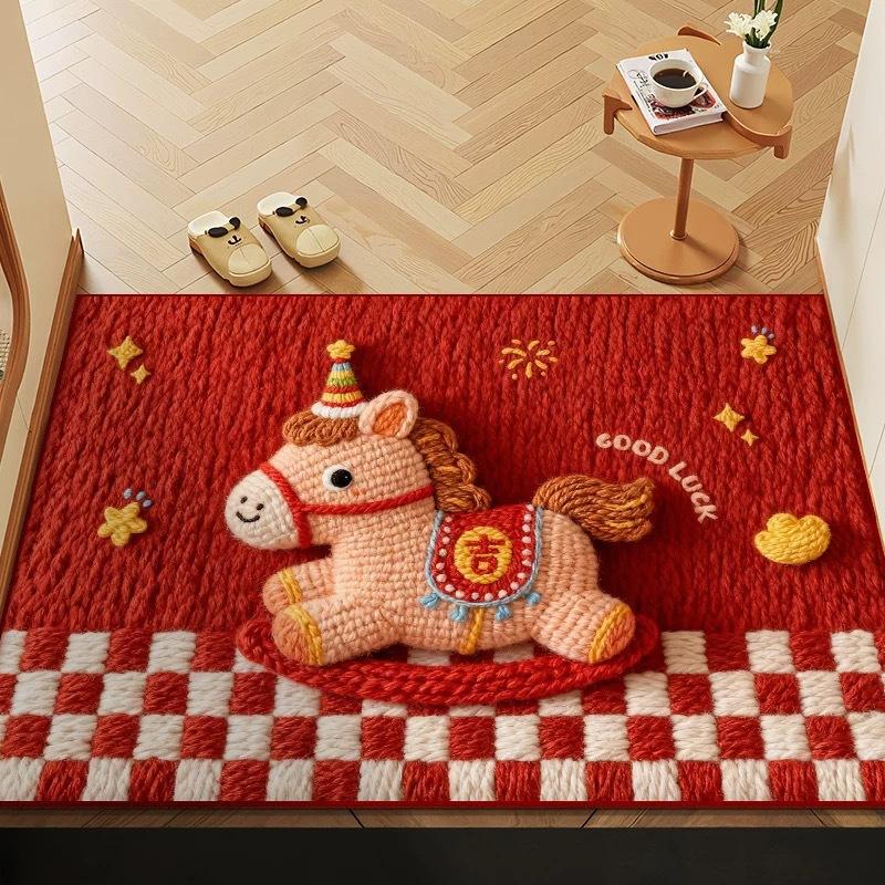Horse Year Door Mat Chinese New Year Welcome Home Entrance Floor Mat Non-Slip Red Carpet Spring Festival Supplies