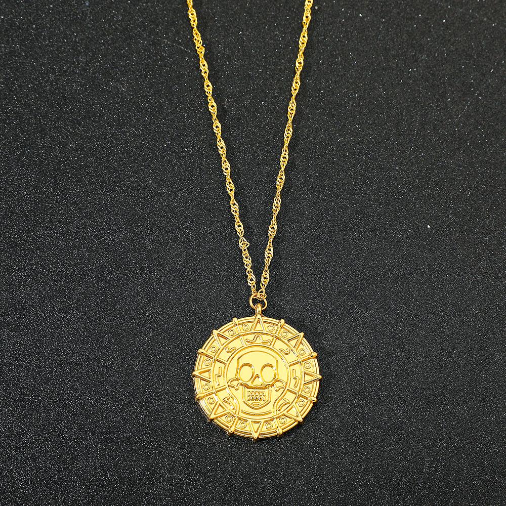 Pirates of the Caribbean Jack Sparrow Aztec Skeleton Skull Heads Coin Medallion Pendant Vintage Jewelry Necklace for