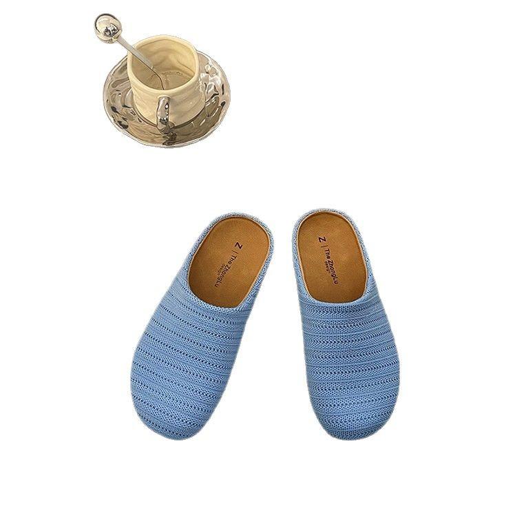 Retro Niche Woven Bag Head Half Slippers Women's Outer Wear Summer Lazy One Pedal Comfortable Soft Sole Square Head Muller Shoes