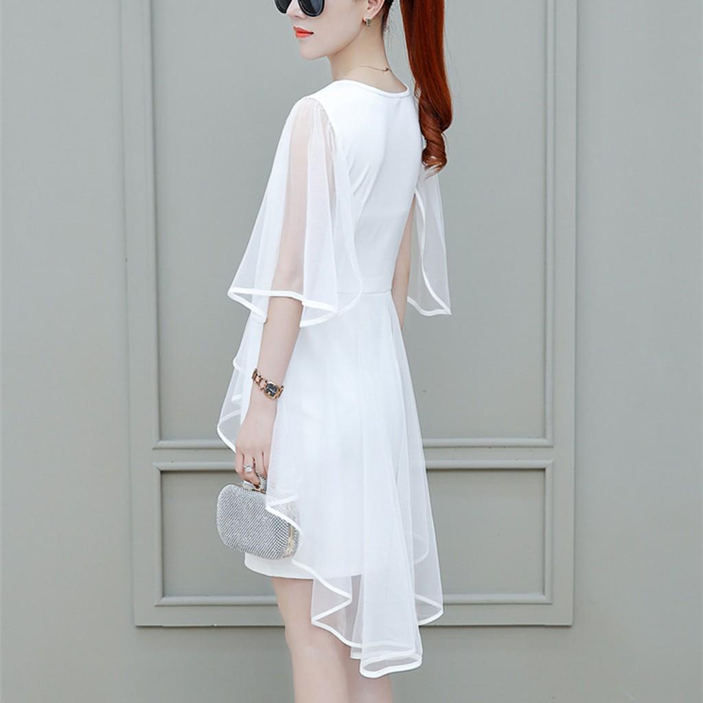 Women Fashion Summer Lady Elegant V-Neck Short Sleeve Pure Color Party Dress