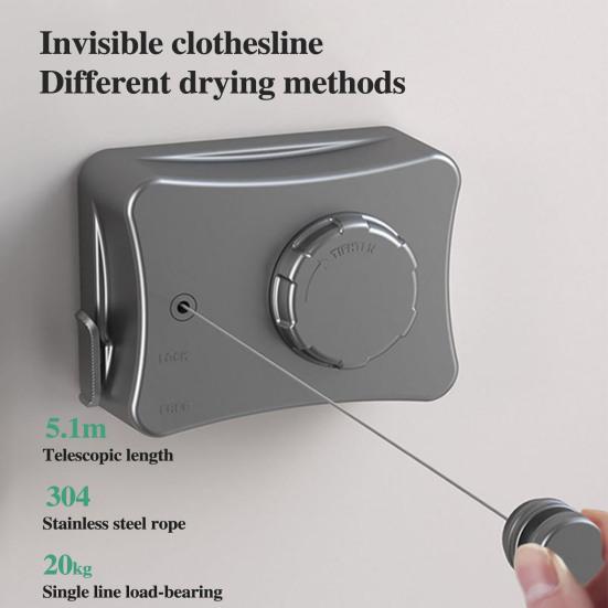 5.1M Wall Mount Retractable Clothesline Adjustable Retracting Invisible Heavy Duty Stainless Steel Wire Indoor Outdoor Balcony Laundry Clothes Drying