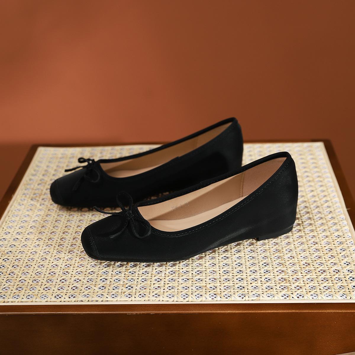 

796-2 Xiaoxiangfeng универсальные туфли-лодочки с квадратным носком на плоской подошве, новые туфли-лодочки на низком каблуке с цветным бантом, женская обувь для работы 35 чёрный