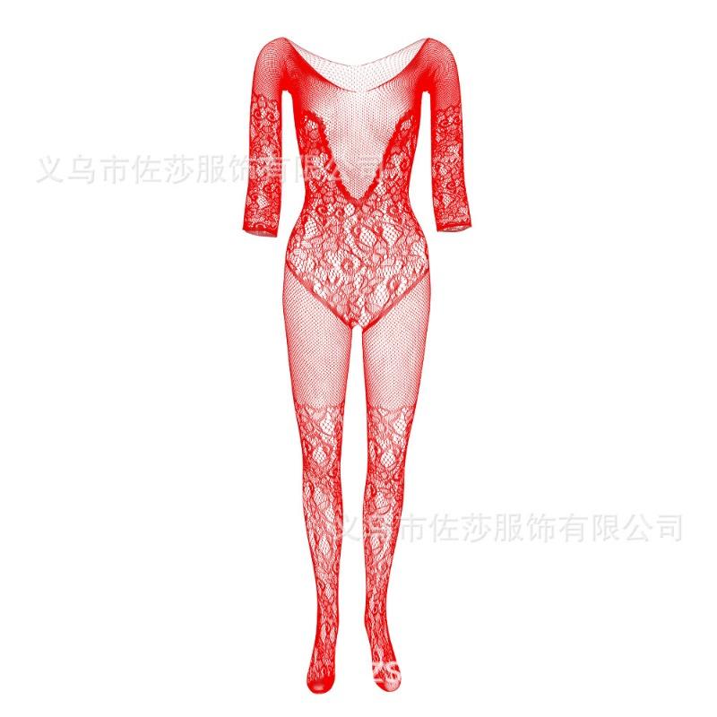 Sex Underwear V-shaped Chest Embroidered Mesh Socks Long-sleeved Open-file One-piece Stockings Hollow-out Temptation One-piece Socks