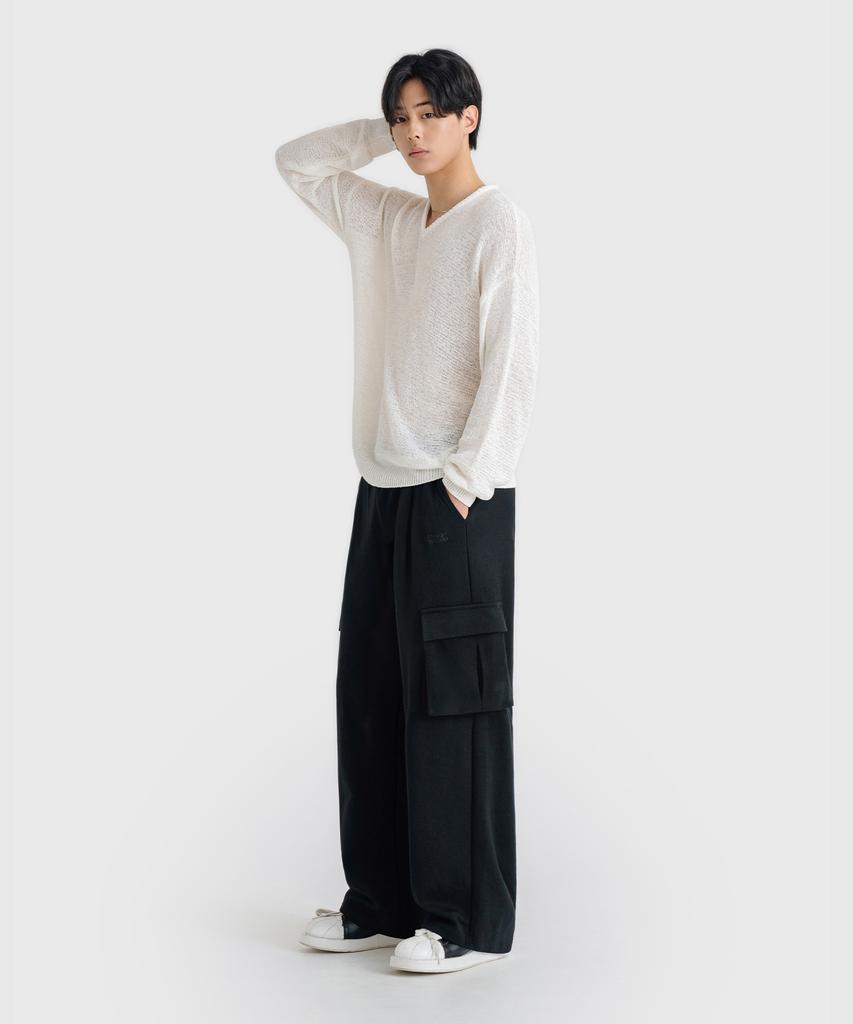 LEMAIN SECOND One-Pleat Wide Cargo Sweatpants [Black]