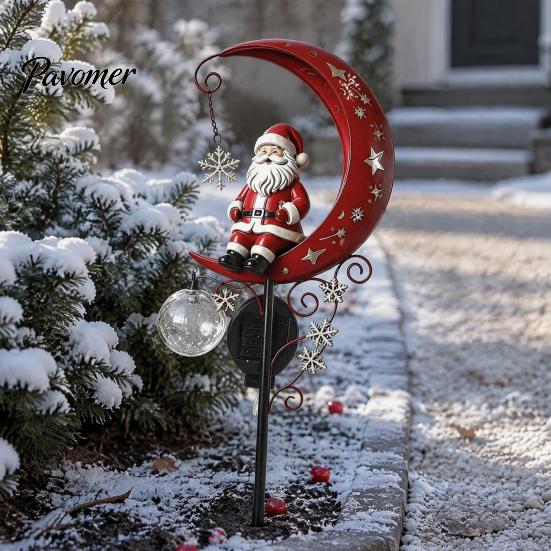 Retro Style Garden Art 31 Inch Solar-Powered Christmas Stake Light, Santa Claus on A Moon LED Pathway Auto Solar Powered Lamp Light with Snowflake
