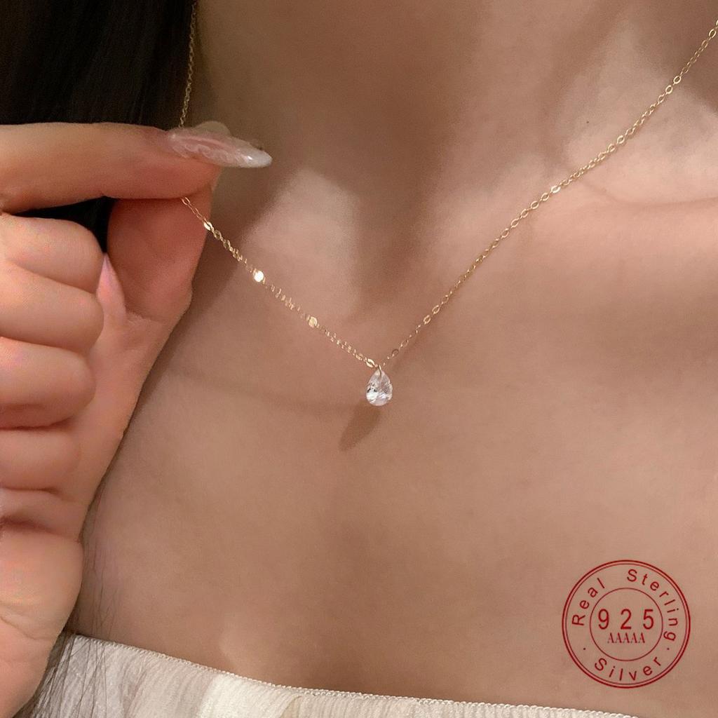 S925 Sterling Silver Plated 14K Gold Water Drop Zircon Pendant Necklace for Women Simple Temperament Exquisite Collarbone Chain