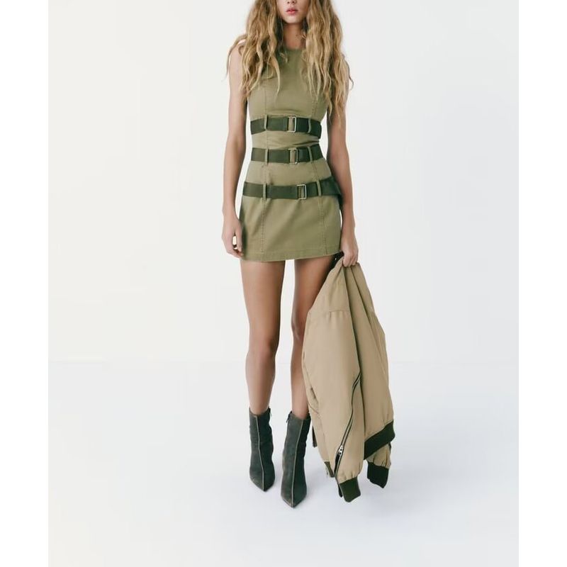 Spring New Retro Sleeveless Short Tight Dress Cargo Army Green Vest Skirt 5427301