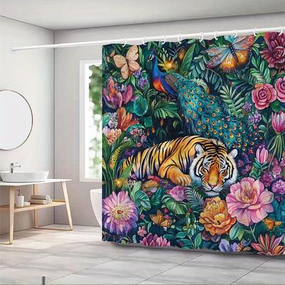 Exotic Tiger & Peacock Waterproof Mildew-Resistant Shower Curtain - Tropical Floral Design for a Luxurious Bathroom Décor