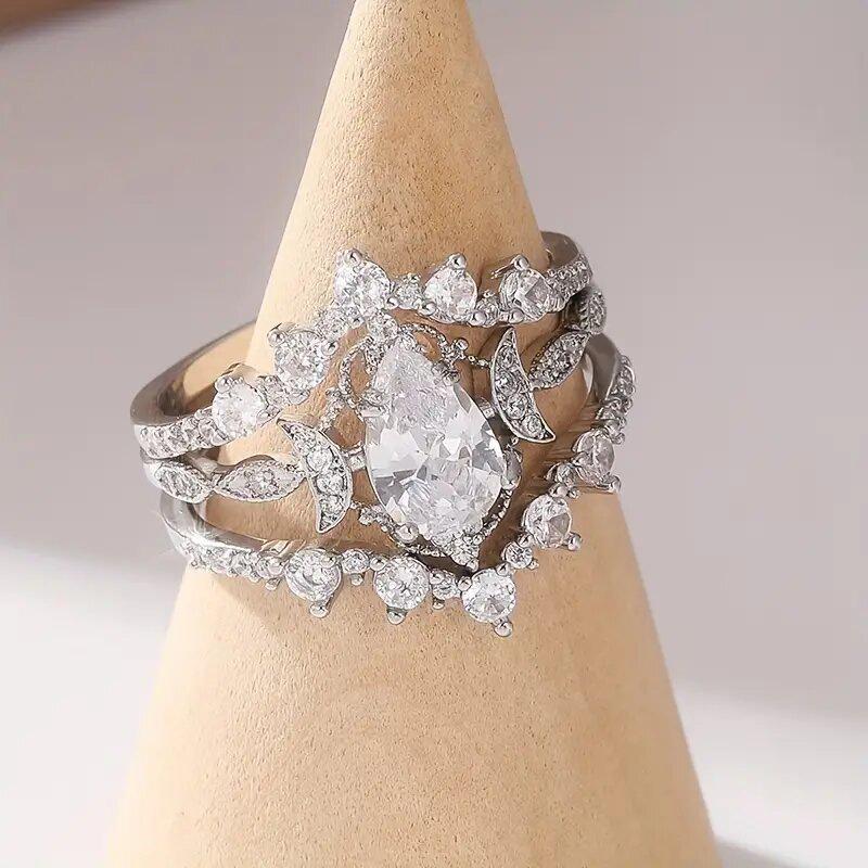 Crown Water Drop Shiny Wax Set Ring Girl, Wedding Proposal Ring Three-piece Set, European and American Rings