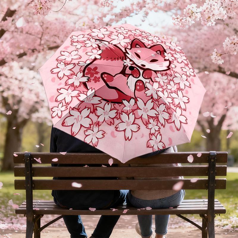 1pc Fox Cherry Blossoms Automatic Folding Umbrella 8 Rib Iron Frame,  Suitable for Travel, Daily Use, Birthday, Women & Men Gift c1231063