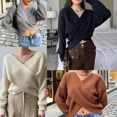 Autumn and Winter Women's Pullover Sweater French Retro Cross V-neck Bat Sleeve Loose Knitted Sweater Top