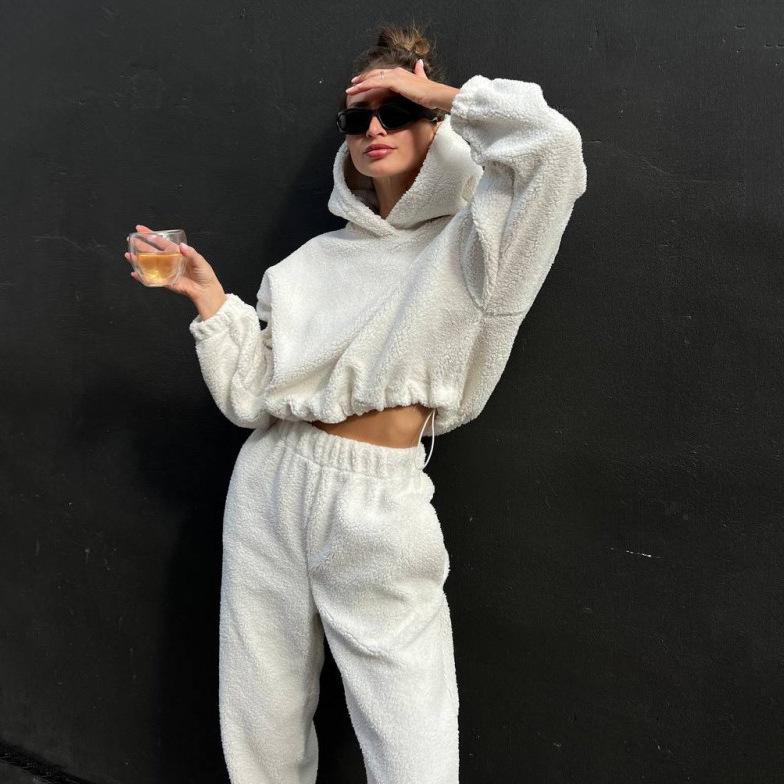 Women Solid Color Long Sleeve Hooded Hoodies Suit Autumn Winter Loose Top Wide Leg Pants