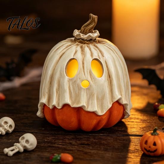 Decorazione Ornamentale di Halloween in Resina con Luce Fantasma Zucca, Lampada Staccabile Vintage con Oggetti di Casa Infestata Candela LED per Tavolo da Cucina