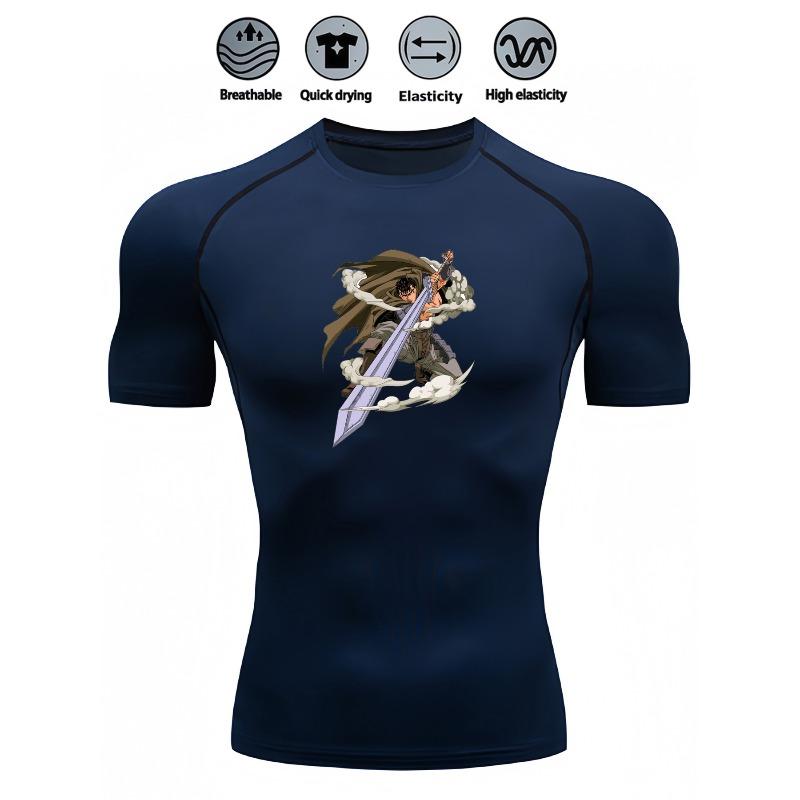 Mens White Compression Short Sleeve T-Shirt Anime Warrior With Sword Graphic Breathable Quick Dry High Elasticity Gym And Running Athletic Top