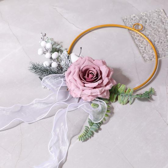 Metal Floral Hoop Wreath Artificial Rose Flower Wreath Iron Round Frame Garland for Bridesmaids