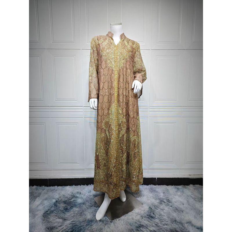 

Middle East Dubai New Fashion Print Long sleeve dress Embroidered Printed Long Dress Brown L