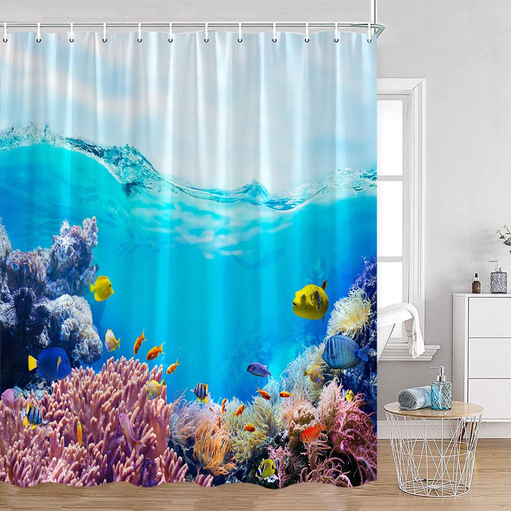 Ocean Animals Shower Curtains Undersea Tropical Fish Dolphins Coral Under Sea Home Decorations Summer Bath Curtains with Hooks