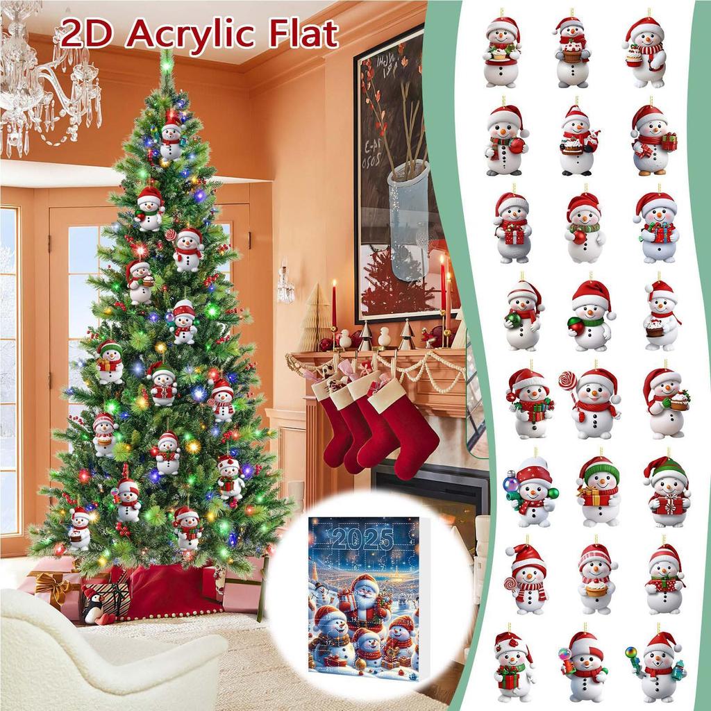 Christmas Countdown Ornaments 2D Acrylic Advent Decoration Snowman Christmas Countdown Ornaments for Tree Branches Windowsills