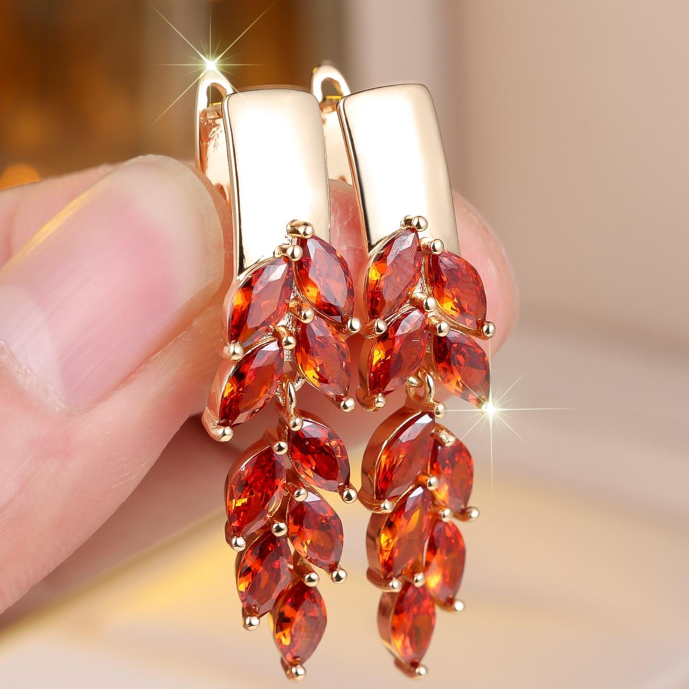 

Crystal Red Zircon Stone Leaf Hoop Earrings For Women Vintage Gold Color Wedding Jewelry червоний