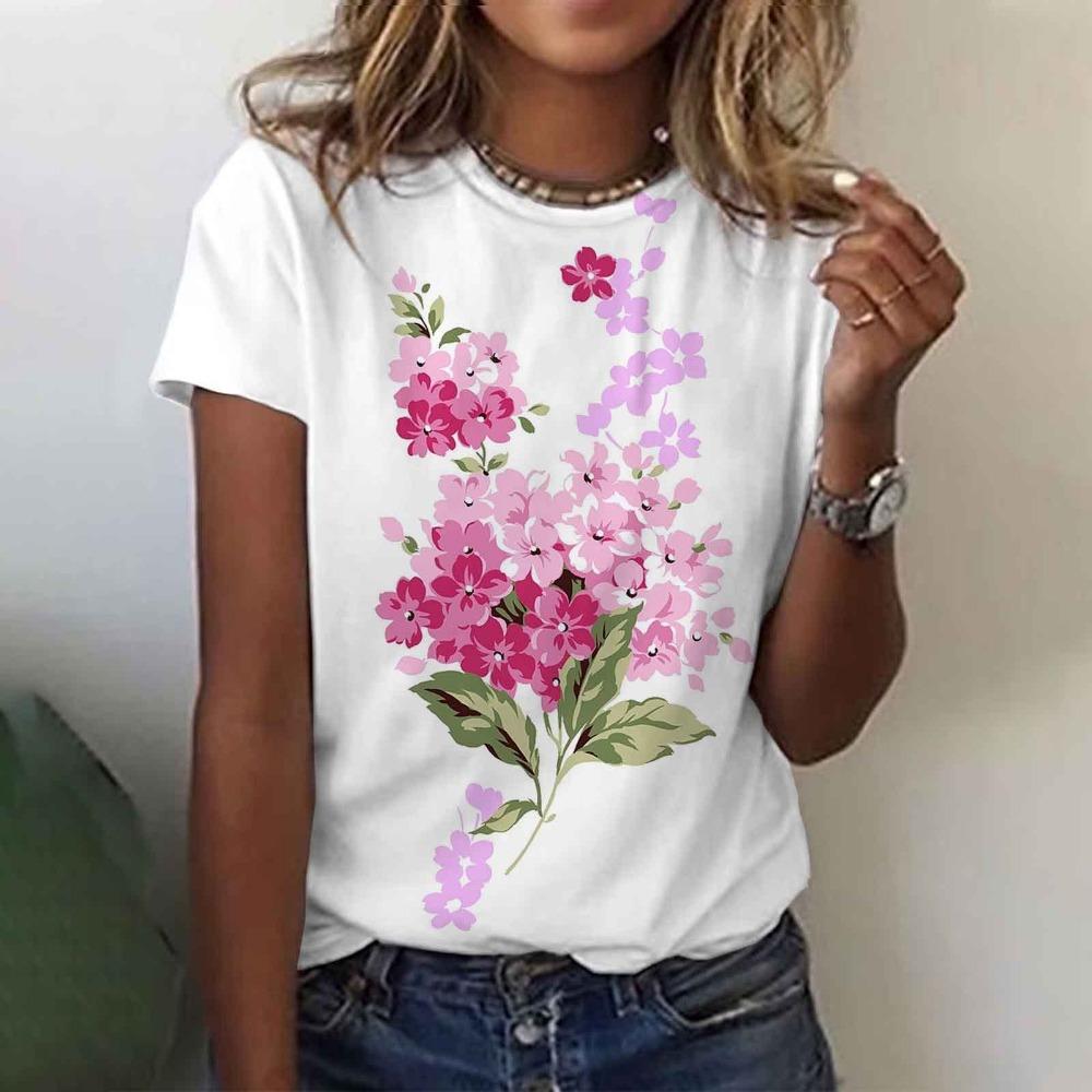 Colorful Floral 3D Digital Printed Women's Fashionable Casual Round Neck Short Sleeved T-shirt