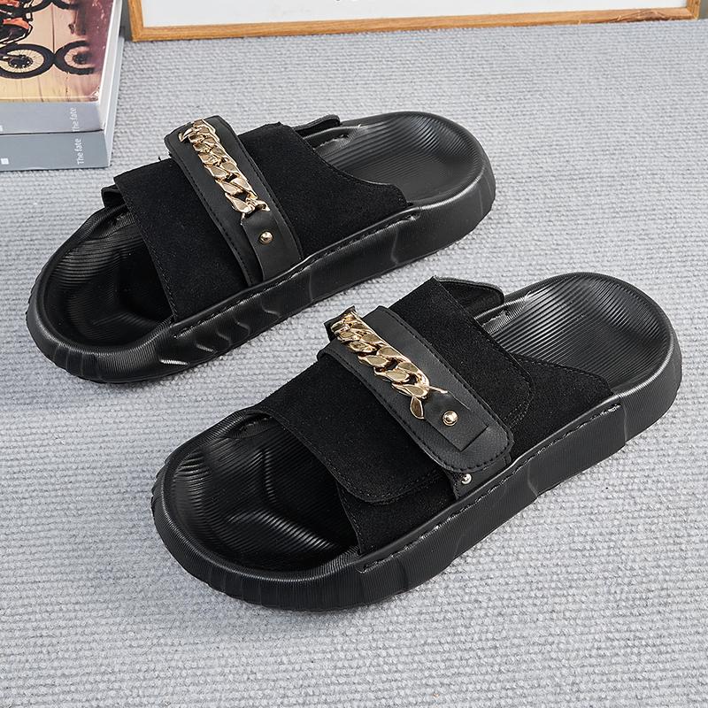 Modny Letni Trend Nowe Męskie Gladiatorki Metalowy Łańcuch Zamszowa Skóra Platforma Buty Casual Oddychające Sandały na Plaże Klapki Outdoor