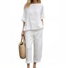 Women's Round Neck Color Casual Cotton Linen 3/4 Sleeve Top And Pants Set