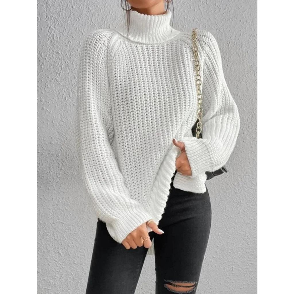 Autumn Winter Soft Knit Fashion Raglan Long Sleeve Turtleneck Split Sweater Casual Warm Solid Color Medium Length Pullover