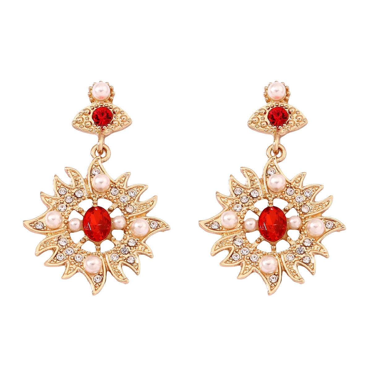Geometric exaggerated sun set with rhinestones pearls personality fashion women s openwork pendant earrings